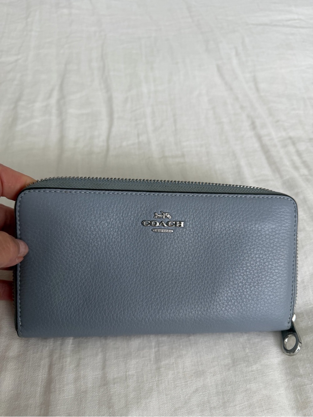 Coach Pebble Leather Zip Wallet in Dusty Lt Blue in Excellent Condition